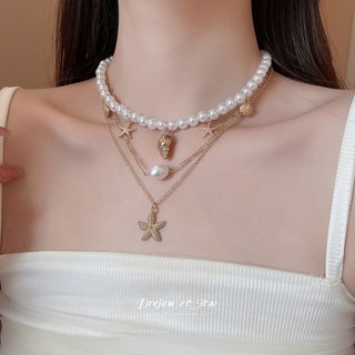 Drejew Sao Biển vỏ ngọc trai nhiều lớp vòng cổ bãi biển phong cách kỳ nghỉ xếp chồng lên nhau xương đòn