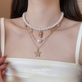 Drejew Sao Biển vỏ ngọc trai nhiều lớp vòng cổ bãi biển phong cách kỳ nghỉ xếp chồng lên nhau xương đòn