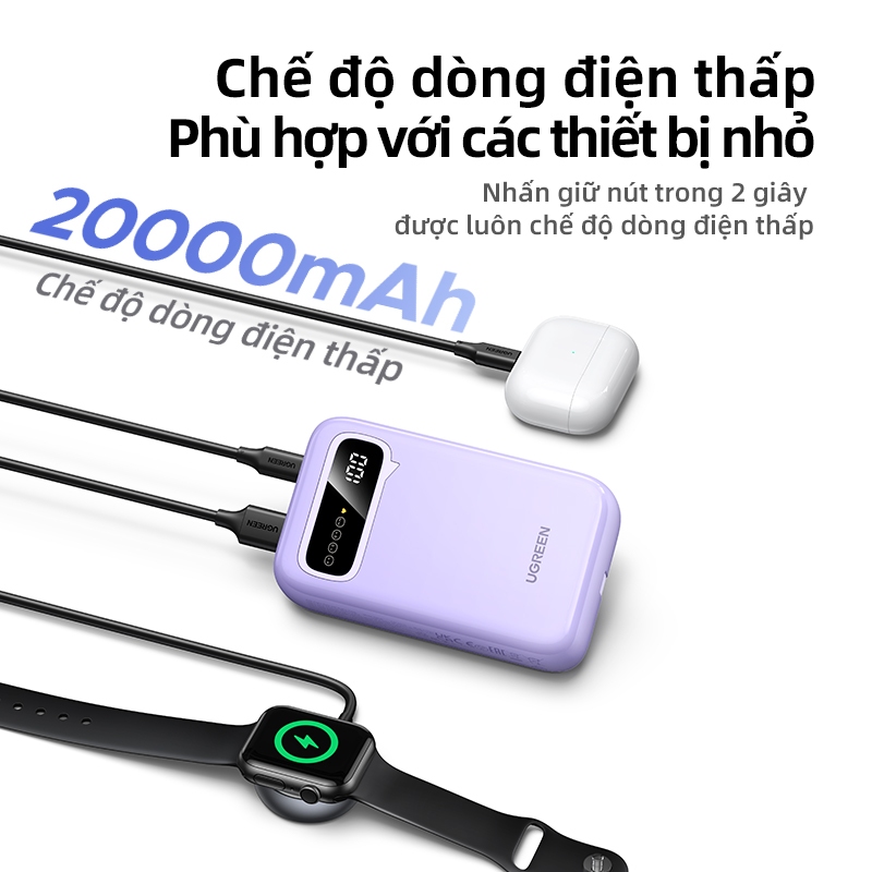 【With 2 Cáp USB-C】Cục sạc dự phòng UGREEN 20.000mAh PD 22.5W 20W, tích hợp 2 cáp USB-C, hỗ trợ sạc nhanh, màn hình hiển thị kỹ thuật số, phù hợp cho điện thoại. | BigBuy360 - bigbuy360.vn