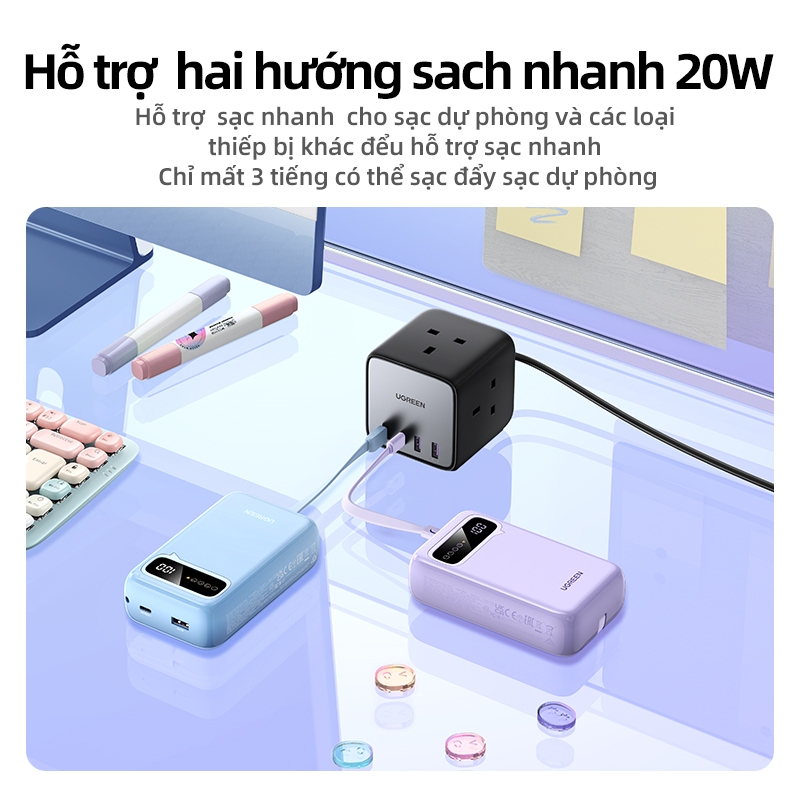 【With 2 Cáp USB-C】Cục sạc dự phòng UGREEN 20.000mAh PD 22.5W 20W, tích hợp 2 cáp USB-C, hỗ trợ sạc nhanh, màn hình hiển thị kỹ thuật số, phù hợp cho điện thoại. | BigBuy360 - bigbuy360.vn