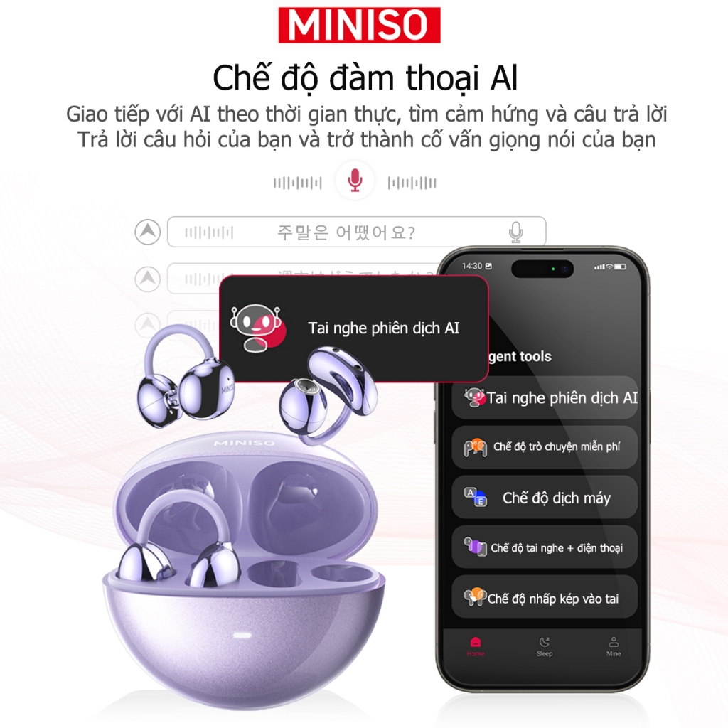 MINISO MS192 Tai Nghe Phiên Dịch Al Tai nghe không dây dịch thời gian thực thông minh Bluetooth 5.4 SLEEP ASMR có màn hình cảm ứng LED Tai nghe kinh doanh có Mic chống nước IPX5 | BigBuy360 - bigbuy360.vn