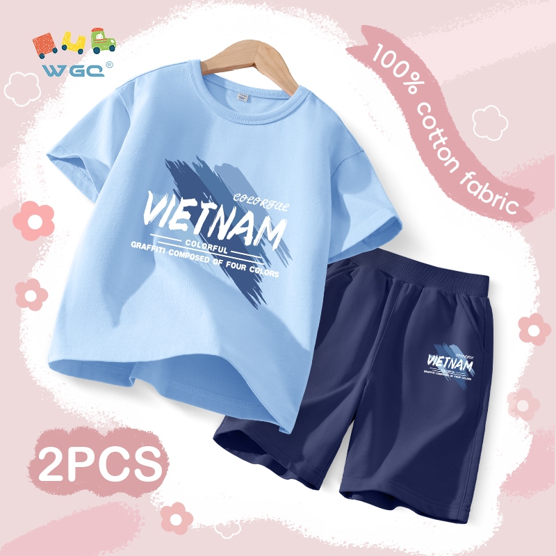W.G.Q  Bộ đồ bé trai , tay ngắn và quần Short, mềm mại thoải mái khi in chữ Việt Nam
