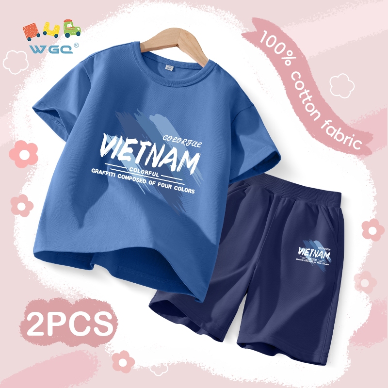 W.G.Q  Bộ đồ bé trai , tay ngắn và quần Short, mềm mại thoải mái khi in chữ Việt Nam