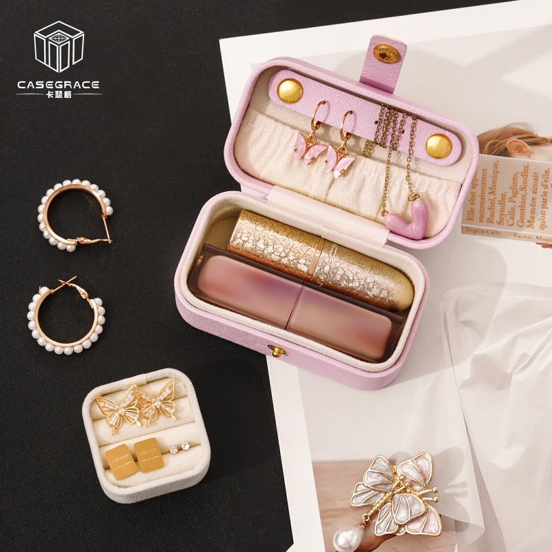 Casegrace Hộp đựng trang sức du lịch nhỏ, Hộp đựng trang sức Mini cho nhiều vòng cổ Bông tai son môi, Hộp đựng đồ trang sức di động có khe cắm vòng có thể tháo rời