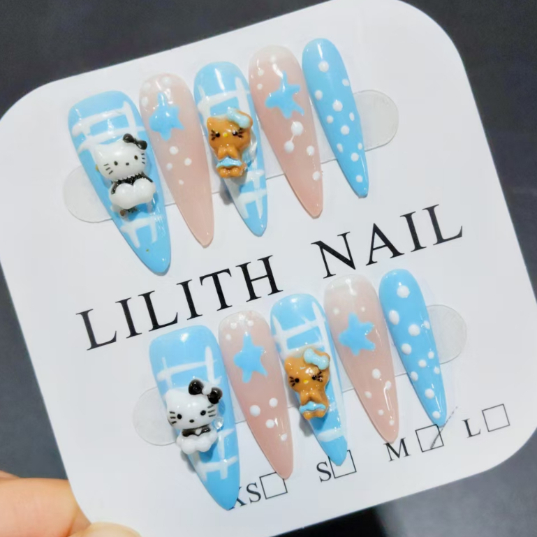 Tươi Xanh KT Handmade Miếng Dán Móng Tay Mắt Mèo Móng Tay Artbox Miếng Dán Móng Tay Mắt Mèo HelloKitty Dài Mũi Nhọn Móng Tay Giả