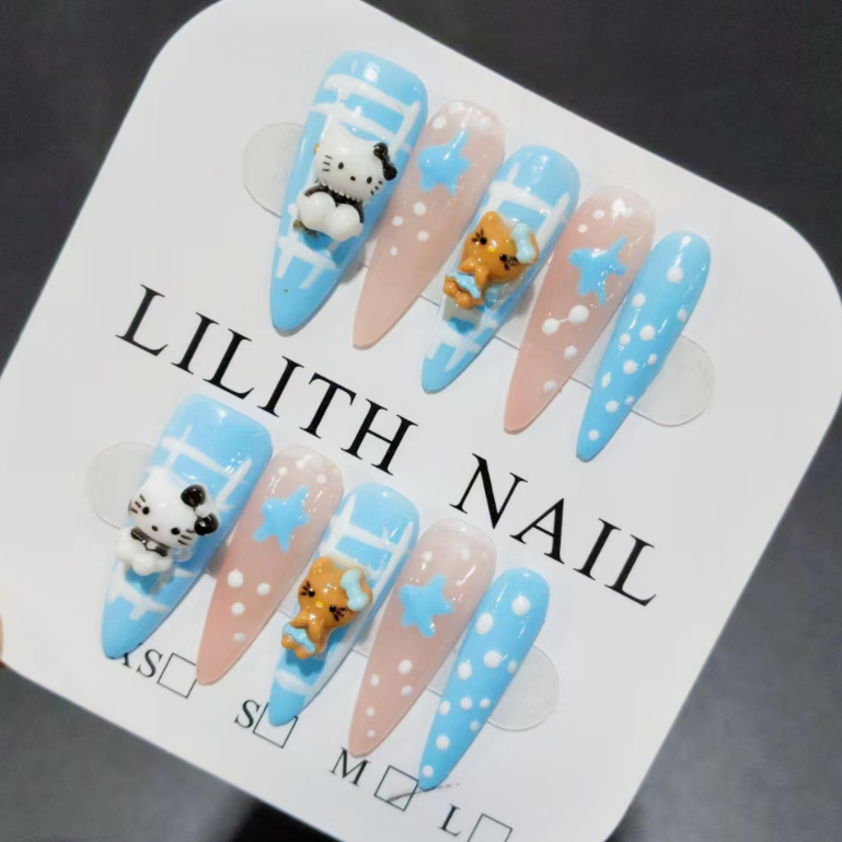 Tươi Xanh KT Handmade Miếng Dán Móng Tay Mắt Mèo Móng Tay Artbox Miếng Dán Móng Tay Mắt Mèo HelloKitty Dài Mũi Nhọn Móng Tay Giả