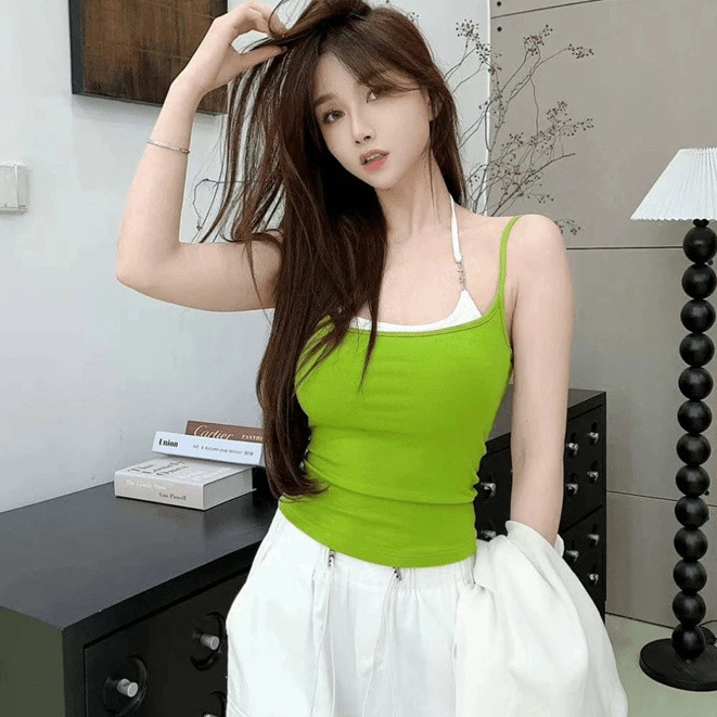 Màu sắc tương phản Khâu giả hai mảnh Dây đeo hai vai Dây buộc cổ áo Nữ