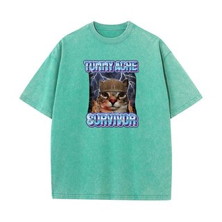 Tummy Ache Người Sống sót Ngộ nghĩnh Mèo Meme Áo Sơ Mi Chiến Binh Mèo Hài Hước Chất Lượng Cao Giặt Vintage Áo nam Nữ Thời Trang Gothic Quá Khổ Áo