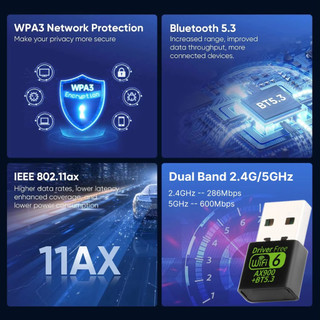 Wifi 6 AX900 Bluetooth 5.3 Bộ chuyển đổi USB WIFI Tấm mạng không dây 2.4G & 5GHZ Ăng-ten Wi-Fi USB cho PC / Laptop Win10 / 11 Trình điều khiển miễn phí