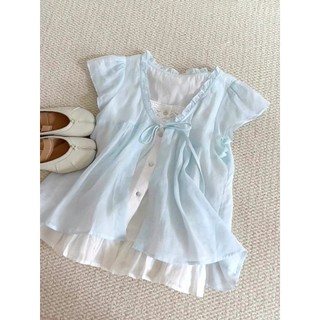 Phong Cách Hàn Quốc Nữ Nữ Rời Ruffle Baggy Áo Sơ Mi Tay Ngắn Áo Giả-hai Mảnh
