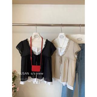 Phong Cách Hàn Quốc Nữ Nữ Rời Ruffle Baggy Áo Sơ Mi Tay Ngắn Áo Giả-hai Mảnh