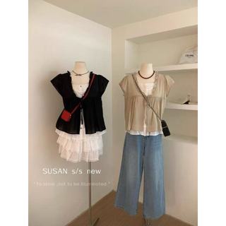 Phong Cách Hàn Quốc Nữ Nữ Rời Ruffle Baggy Áo Sơ Mi Tay Ngắn Áo Giả-hai Mảnh