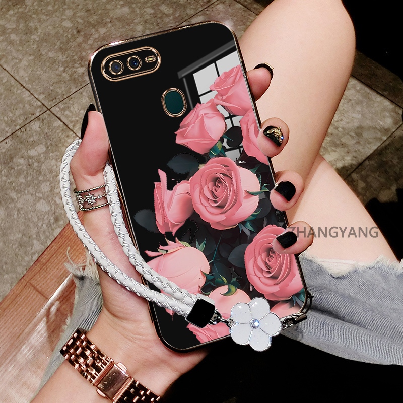 Ốp Lưng Cho OPPO A5S A12 A7 F9 Mạ Điện Chống Rơi TPU Silicon Điện Thoại Thẩm Mỹ Hoa Hồng Hoa Văn Miễn Phí Tinh Tế Treo Dây