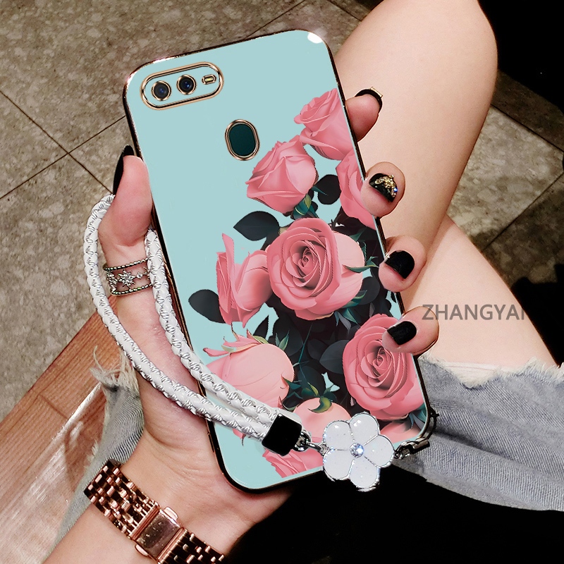 Ốp Lưng Cho OPPO A5S A12 A7 F9 Mạ Điện Chống Rơi TPU Silicon Điện Thoại Thẩm Mỹ Hoa Hồng Hoa Văn Miễn Phí Tinh Tế Treo Dây