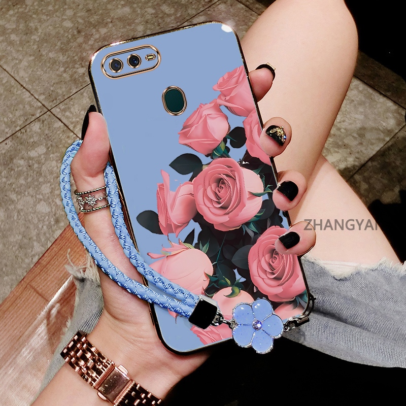 Ốp Lưng Cho OPPO A5S A12 A7 F9 Mạ Điện Chống Rơi TPU Silicon Điện Thoại Thẩm Mỹ Hoa Hồng Hoa Văn Miễn Phí Tinh Tế Treo Dây