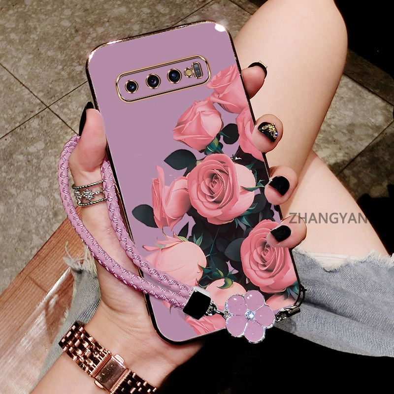 Ốp Lưng Cho Samsung S10 Plus S10 Mạ Điện Chống Rơi TPU Silicon Điện Thoại Thẩm Mỹ Hoa Hồng Hoa Văn Miễn Phí Tinh Tế Treo Dây