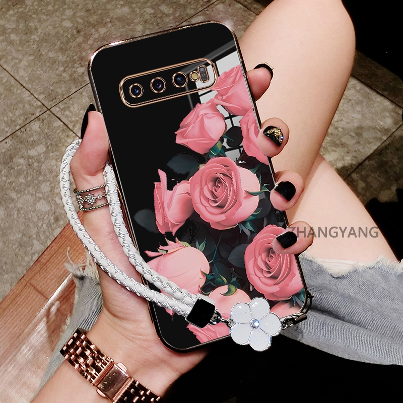 Ốp Lưng Cho Samsung S10 Plus S10 Mạ Điện Chống Rơi TPU Silicon Điện Thoại Thẩm Mỹ Hoa Hồng Hoa Văn Miễn Phí Tinh Tế Treo Dây