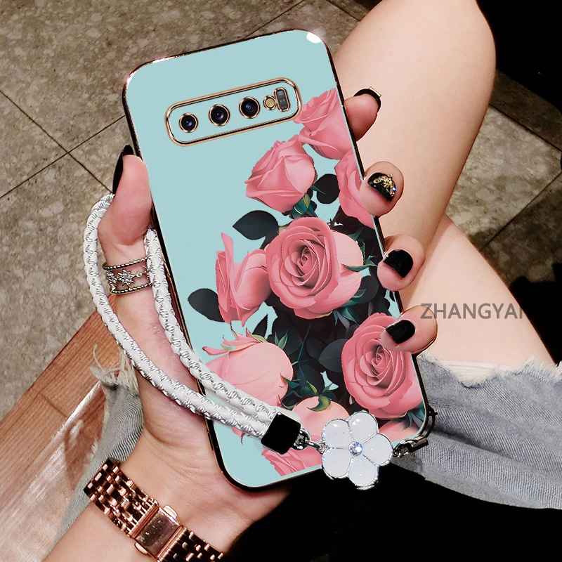 Ốp Lưng Cho Samsung S10 Plus S10 Mạ Điện Chống Rơi TPU Silicon Điện Thoại Thẩm Mỹ Hoa Hồng Hoa Văn Miễn Phí Tinh Tế Treo Dây