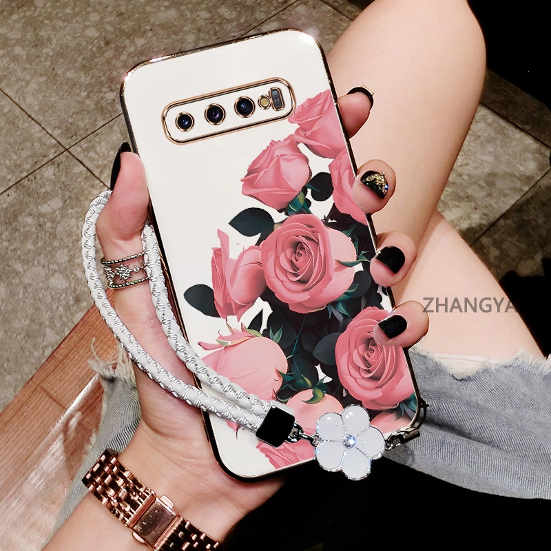 Ốp Lưng Cho Samsung S10 Plus S10 Mạ Điện Chống Rơi TPU Silicon Điện Thoại Thẩm Mỹ Hoa Hồng Hoa Văn Miễn Phí Tinh Tế Treo Dây