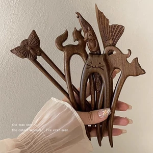 Mèo Dễ Thương Hình Chữ u Gỗ Đàn Hương Kẹp Tóc Mới Trung Quốc Lười Cổ Kẹp Tóc Mũ Đội Đầu