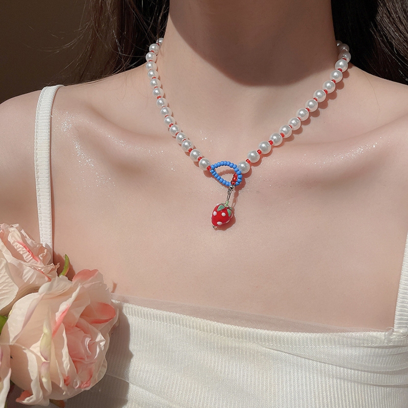 Vòng cổ mặt dây chuyền hình dâu tây ngọc trai, phong cách Hàn Quốc, thời trang nữ