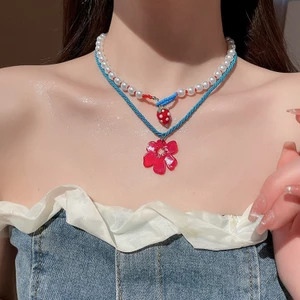 Vòng cổ mặt dây chuyền hình dâu tây ngọc trai, phong cách Hàn Quốc, thời trang nữ
