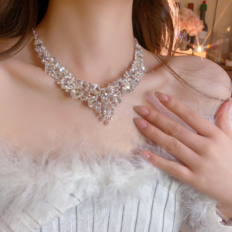 Bộ kim cương bạc sáng tua rua bông tai vòng cổ bộ váy cưới mới Cô dâu váy ăn tối trang sức hai bộ