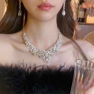 Bộ kim cương bạc sáng tua rua bông tai vòng cổ bộ váy cưới mới Cô dâu váy ăn tối trang sức hai bộ