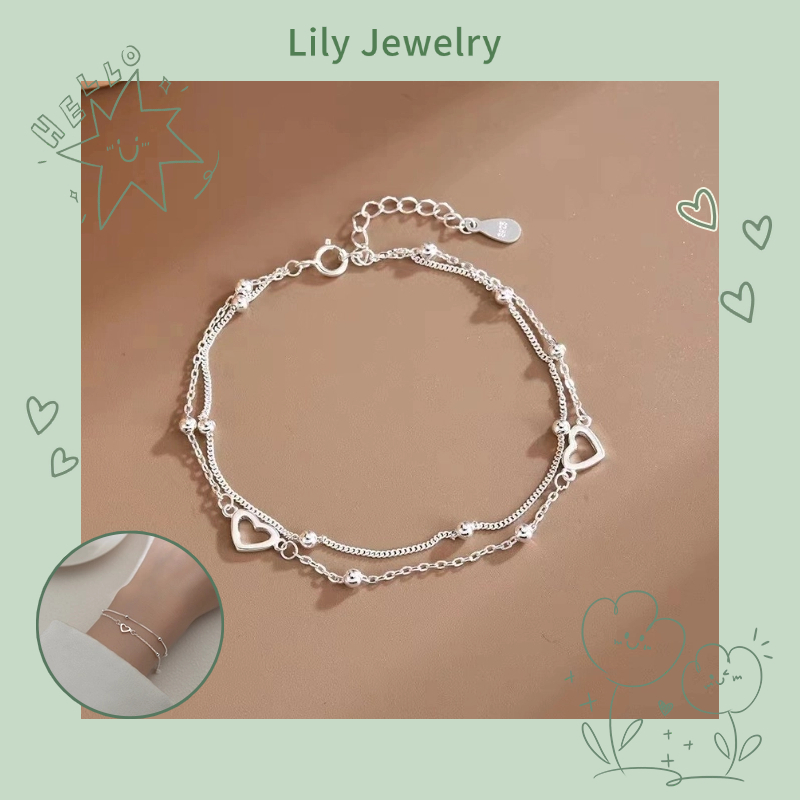 Đơn giản S925 Bạc Hai Lớp Trái Tim Tình Yêu Vòng Hạt Vòng Tay Thời Trang Lãng Mạn Nữ Trang Sức Có Thể Điều Chỉnh Quà Tặng