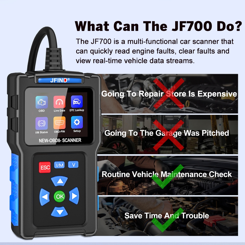 JFIND JF700 OBD2 đầu đọc mã lỗi động cơ cho Honda/Yamaha, phân tích động cơ ô tô, kiểm tra I/M, công cụ chẩn đoán OBD 2