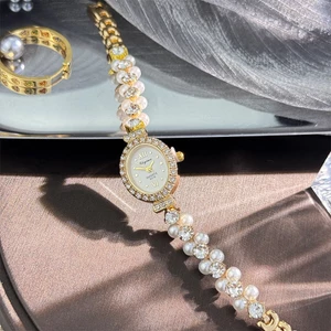 Đồng Hồ Nữ Hàng Đôi Ngọc Trai Tinh Tế Bộ Kim Cương Hình Bầu Dục Vòng Tay Đồng Hồ Vintage Ánh Sáng Sang Trọng Đồng Hồ Thạch Anh Nữ
