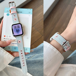 Dây đeo thời trang bằng da Denim hoa tươi nhỏ dành cho nữ cho Apple Watch 46 / 44 / 40 / 49 / 45 / 41 / 42 / 38 / 45mm iwatch Series Ultra / 10 / 9 / 8 / 7 / 6 / 5 / 4 / 3 / 2 / 1 / SE