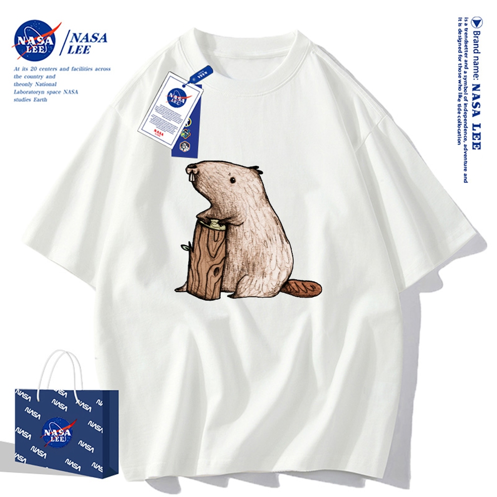 Áo thun cổ tròn tay ngắn NASA, cotton, dáng rộng, phong cách Mỹ retro, thích hợp cho mùa hè