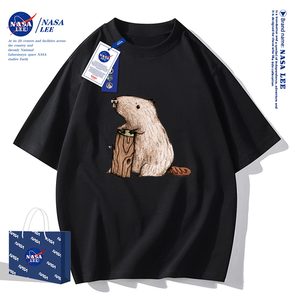 Áo thun cổ tròn tay ngắn NASA, cotton, dáng rộng, phong cách Mỹ retro, thích hợp cho mùa hè