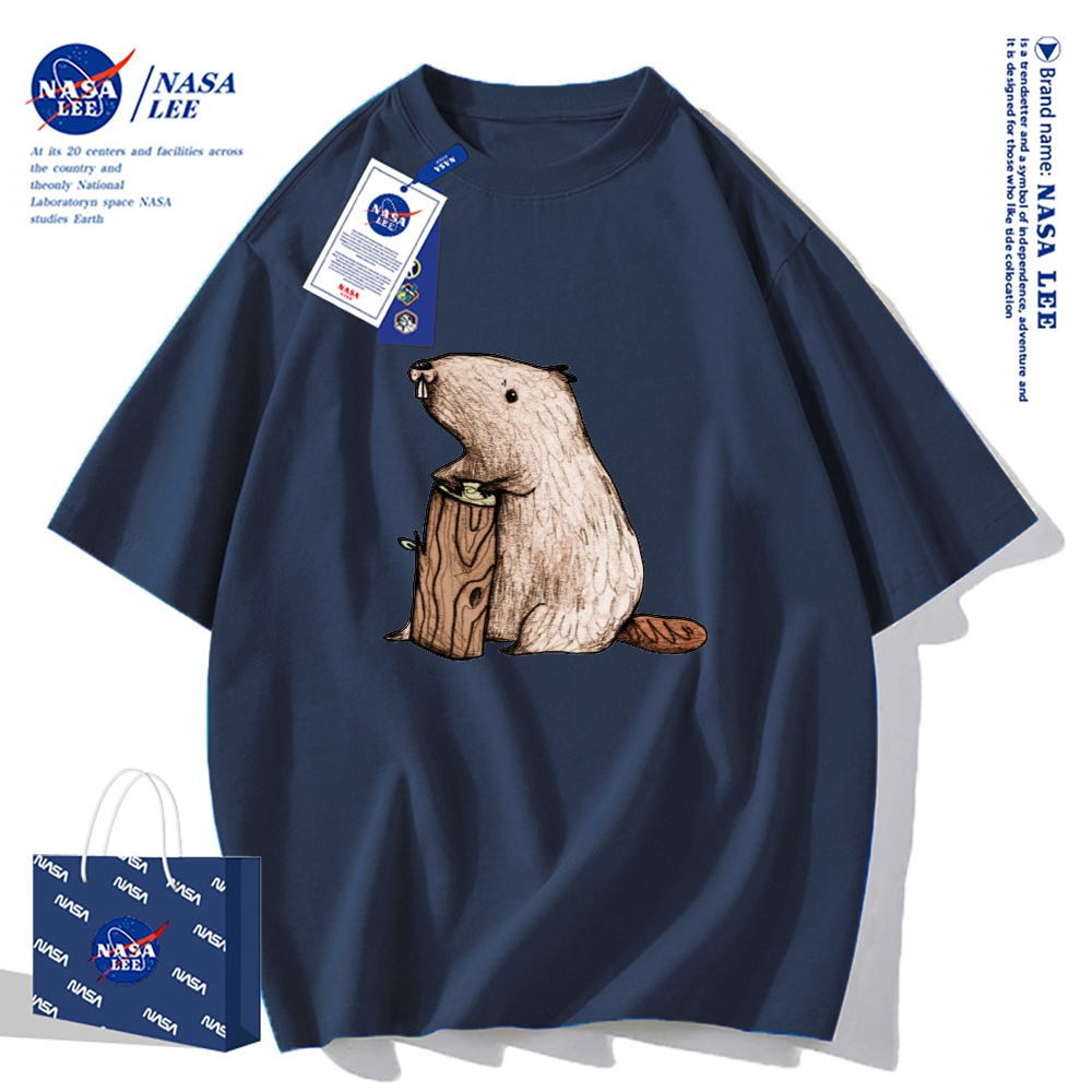 Áo thun cổ tròn tay ngắn NASA, cotton, dáng rộng, phong cách Mỹ retro, thích hợp cho mùa hè