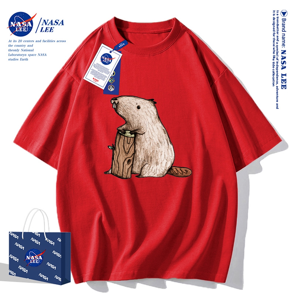 Áo thun cổ tròn tay ngắn NASA, cotton, dáng rộng, phong cách Mỹ retro, thích hợp cho mùa hè