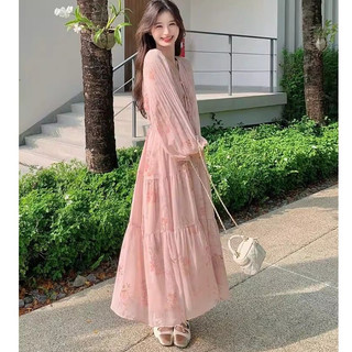 S-2XL Đầm Size Lớn Nữ Voan Một Mảnh Đầm Siêu Cổ Chữ v Đầm Dài Tay Phiên Bản Hàn Quốc Đầm Mùa Hè Đầm Hoa Rất Cổ Tích Đầm Dài Màu Hồng Ngọt Ngào Đầm Dài Phong Cách Mỏng Đầm Một Mảnh