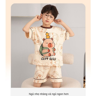 Bộ Đồ Mặc Ở Nhà Trẻ Em Cotton Ngắn Tay Hình Gấu Capybara Mềm Mại Thoáng Khí Mùa Hè Cho Bé Trai Gái