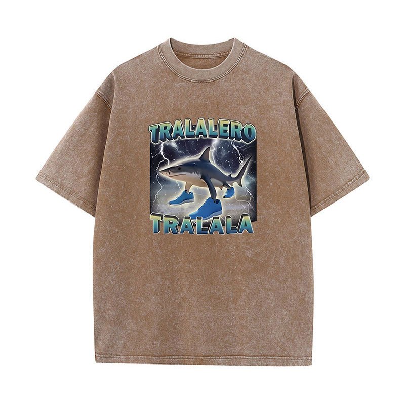 Tralalero Tralala Ngộ nghĩnh Cá Mập Meme Áo Quà Tặng Nam Nữ Rửa Vintage Xu Hướng Thời Trang Cao Cấp Áo Thun Cotton Cổ Tròn Tay Ngắn