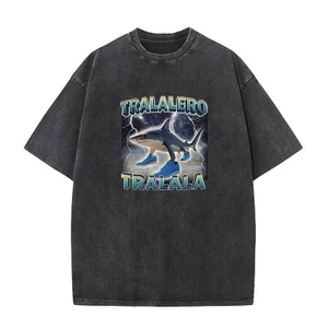 Tralalero Tralala Ngộ nghĩnh Cá Mập Meme Áo Quà Tặng Nam Nữ Rửa Vintage Xu Hướng Thời Trang Cao Cấp Áo Thun Cotton Cổ Tròn Tay Ngắn