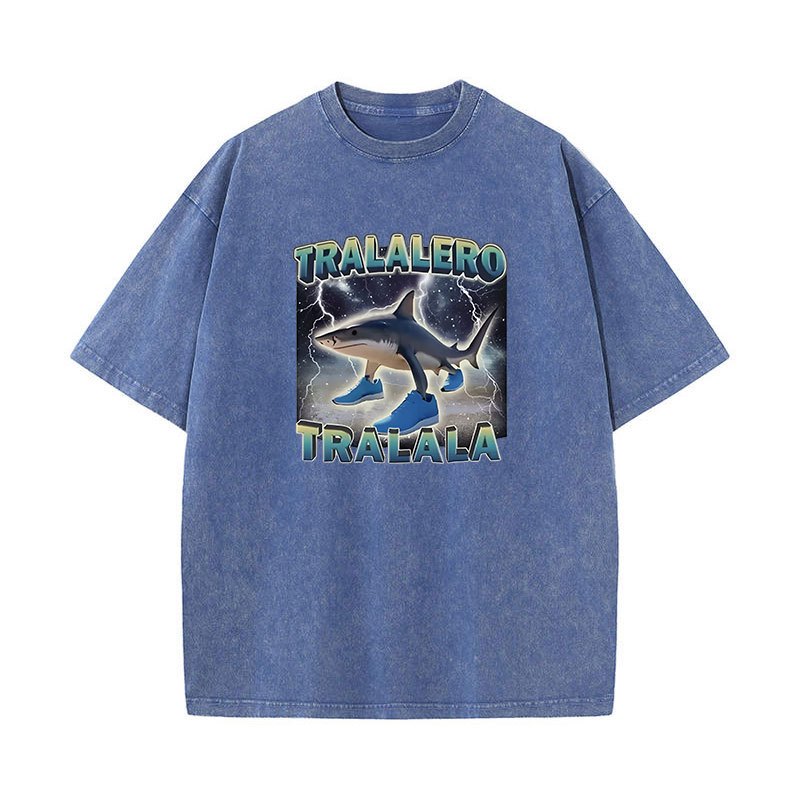 Tralalero Tralala Ngộ nghĩnh Cá Mập Meme Áo Quà Tặng Nam Nữ Rửa Vintage Xu Hướng Thời Trang Cao Cấp Áo Thun Cotton Cổ Tròn Tay Ngắn