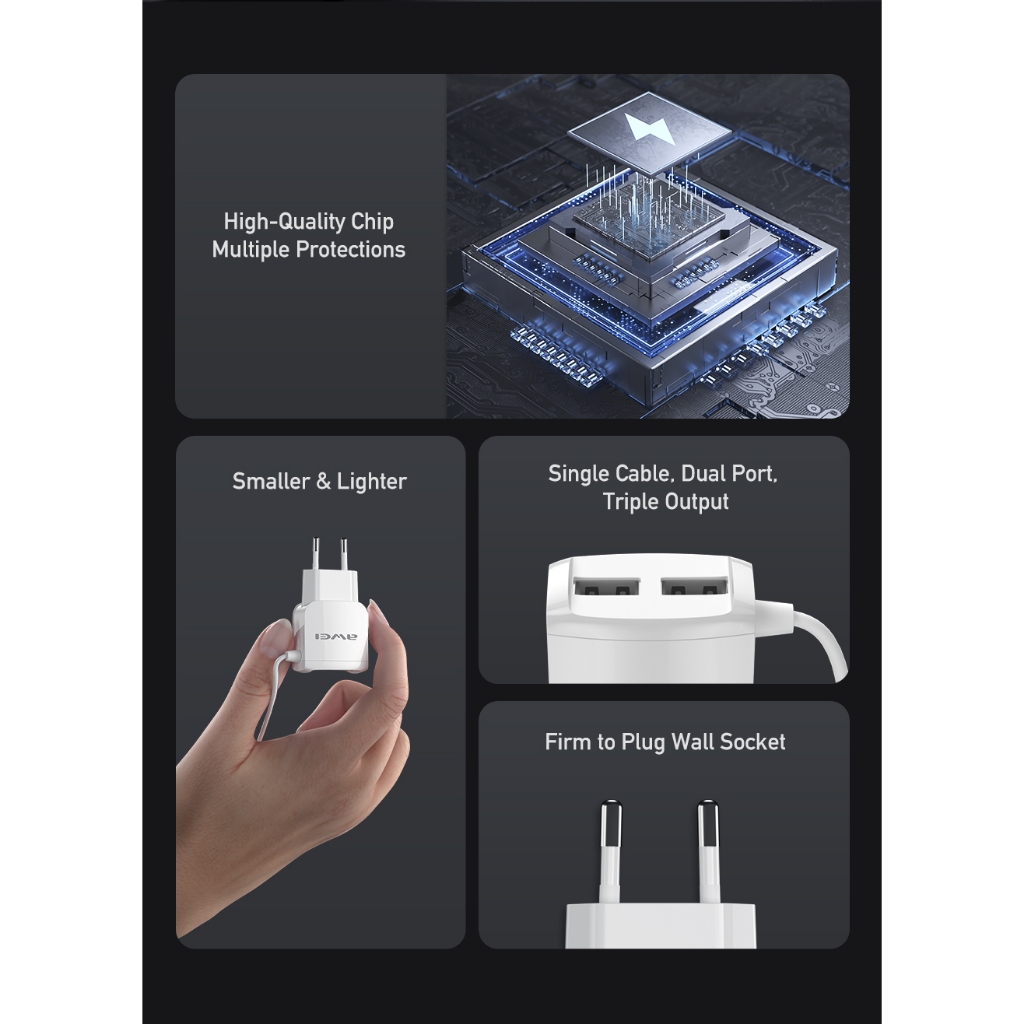 Ảnh Bộ sạc Awei C5 3 in 1 Sạc nhanh Type C 2 cổng USB EU 5V / 2.4A chính hãng An Toàn Ổn Định 2
