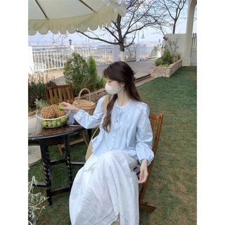 Áo sơ mi dài tay cổ tròn ren dáng rộng phong cách Hàn Quốc dành cho nữ