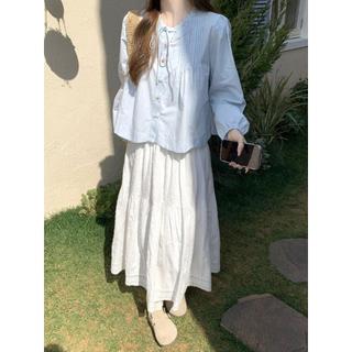 Áo sơ mi dài tay cổ tròn ren dáng rộng phong cách Hàn Quốc dành cho nữ