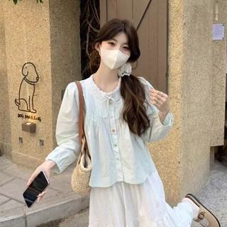 Áo sơ mi dài tay cổ tròn ren dáng rộng phong cách Hàn Quốc dành cho nữ