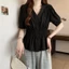 Áo sơ mi cỡ lớn nữ tay ngắn màu trơn eo áo giảm béo