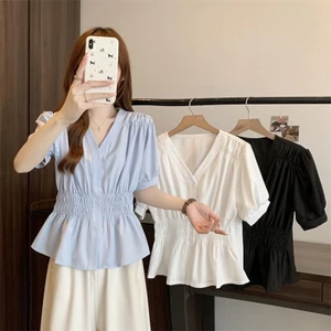 Áo sơ mi cỡ lớn nữ tay ngắn màu trơn eo áo giảm béo