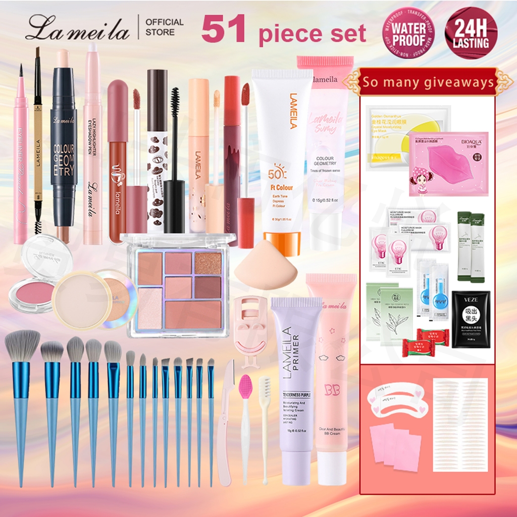 Ảnh Lameila 51 Món Bộ Mỹ Phẩm Trang Điểm Mặt Son Môi Phấn Mắt BB Kem Nền Kem Che Khuyết Điểm Kem Chống Nắng Dạng Lỏng Kem Trang Điểm Puff Người Mới Bắt Đầu 1