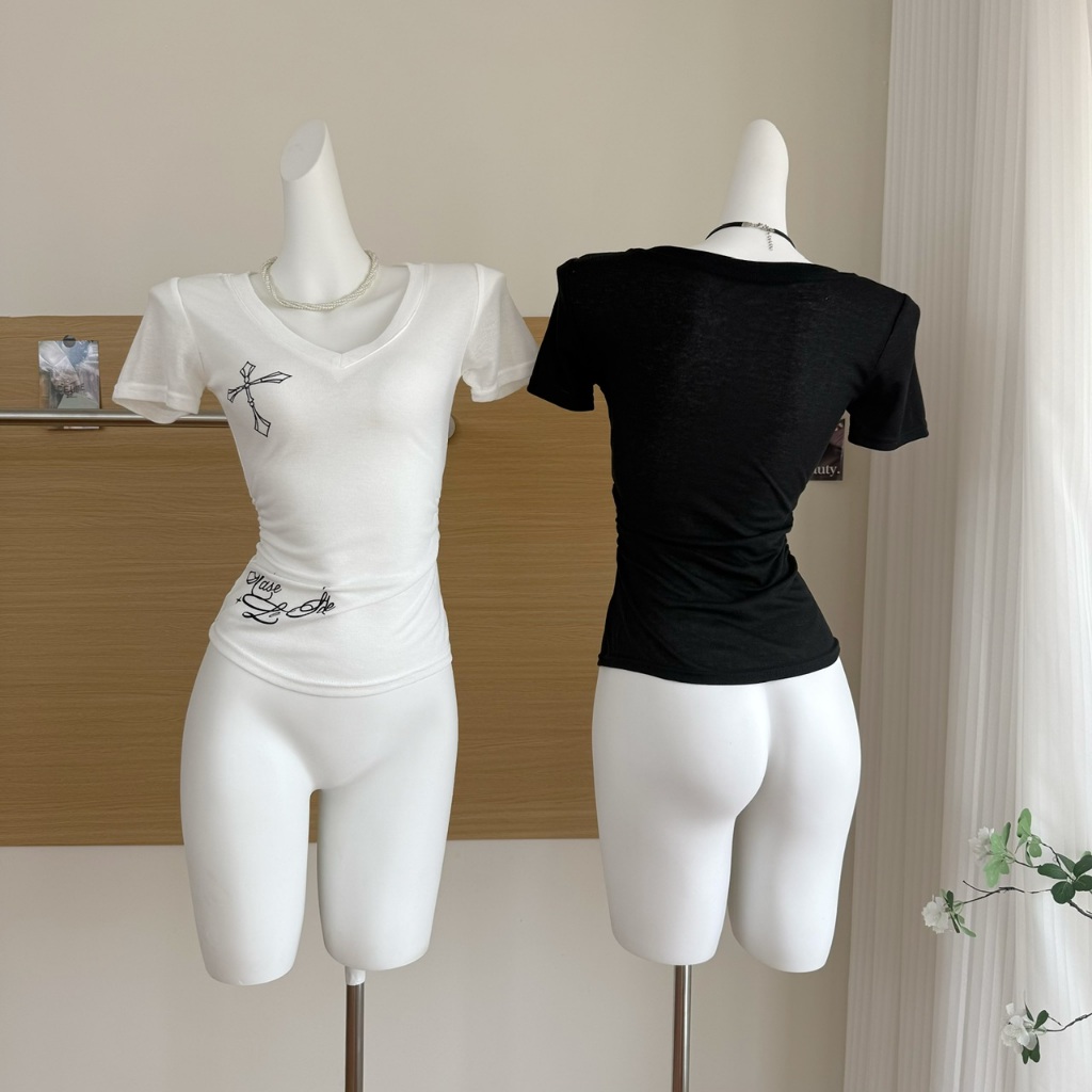 【BANKO】Áo thun ngắn tay cổ chữ V in hình cổ chữ V màu đen dành cho nữ phiên bản Hàn Quốc mùa hè
