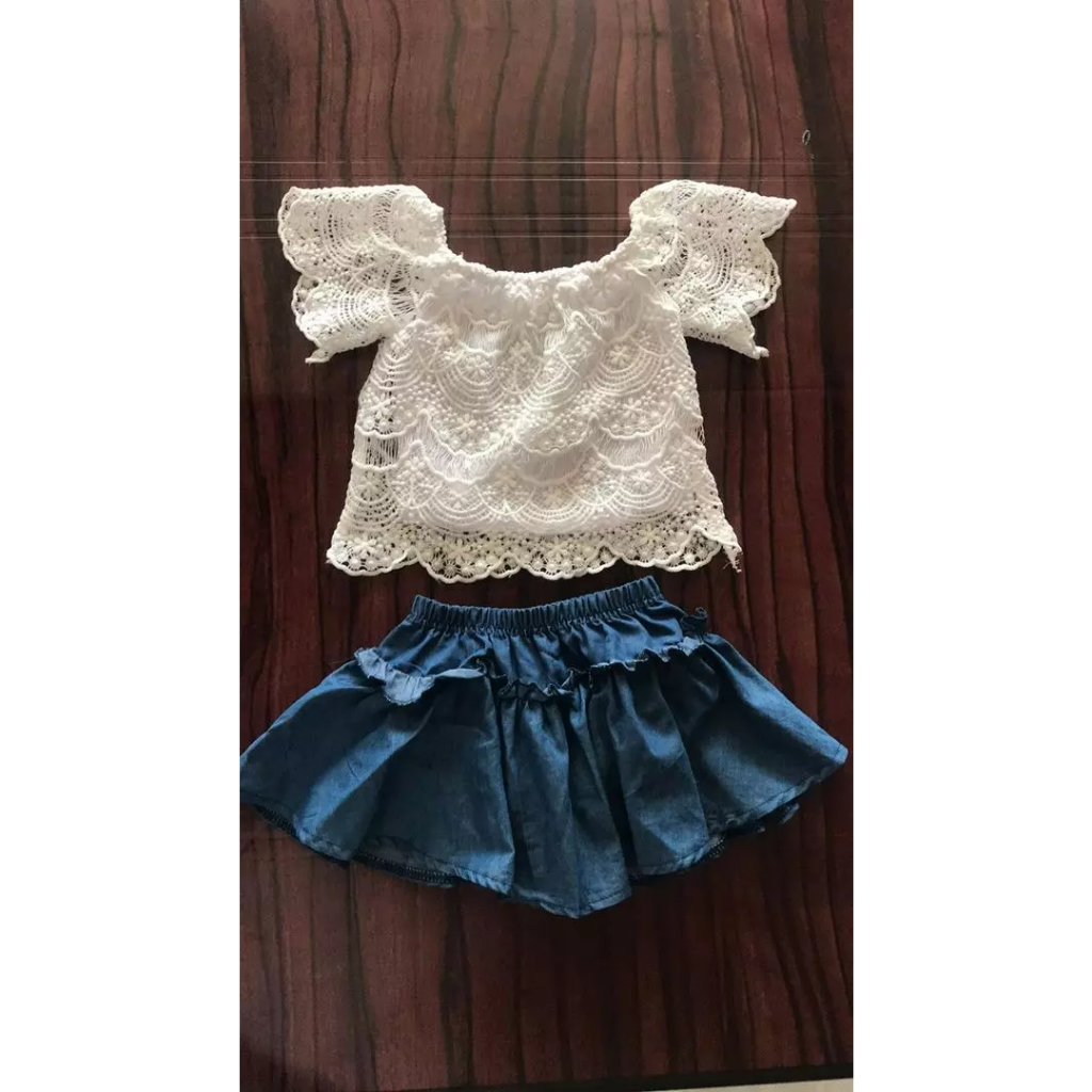 Bộ trang phục 2 món cho bé gái 0-3 tuổi, Áo ren hở vai xù xì + Bộ quần short váy Tutu Denim